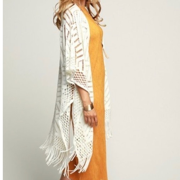 Ivory Long Crochet Ruana with Fringe - Picture 4 of 5